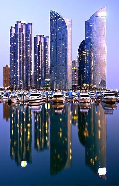 Skyline of luxury residential high rises in the Haeundae district of Busan, South Korea at dusk