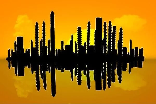 Skyline reflections panorama at sunrise, concept