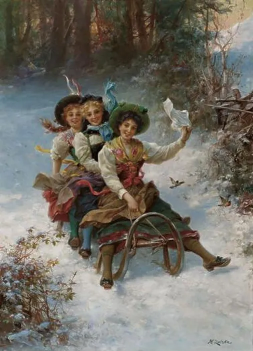 Framed Print : Sledding by Hans Zatzka Framed Print : Sledding by Hans Zatzka