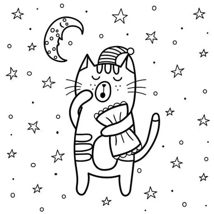 Framed Print : Sleeping cat coloring page. Good night coloring book with moon and stars Framed Print : Sleeping cat coloring page. Good night coloring book with moon and stars