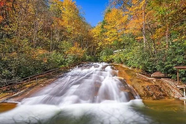 Sliding Rock Falls on Looking Glass Creek in Pisgah National Forest, North Carolina, USA in the autumn season