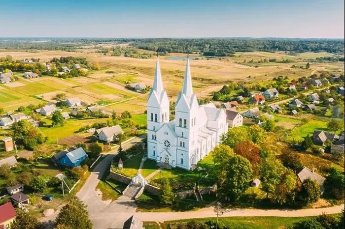 Framed Print : Slobodka, Braslaw District, Vitebsk Voblast, Belarus. Aerial View Of Slobodka Village. Church of Divine Providence Framed Print : Slobodka, Braslaw District, Vitebsk Voblast, Belarus. Aerial View Of Slobodka Village. Church of Divine Providence