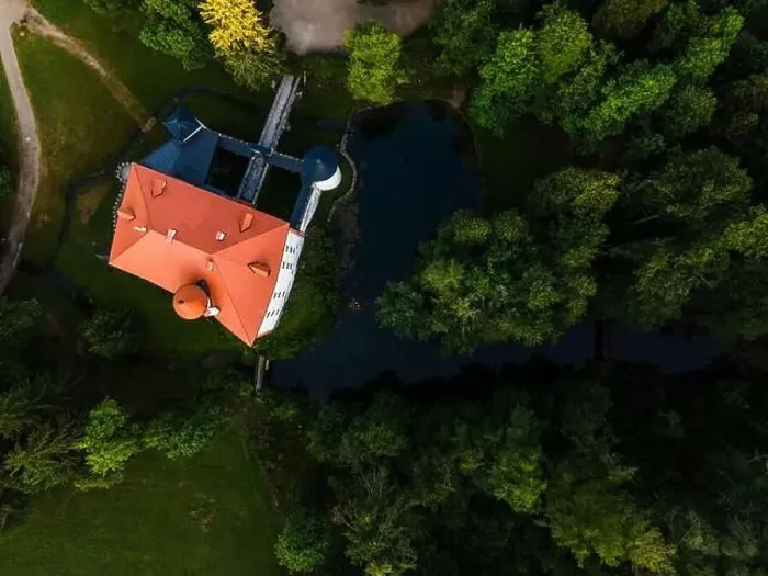 Framed Print : Slovenia Sneznik Castle (Grad Snežnik ) located in Loska Dolina. Aerial Drone View