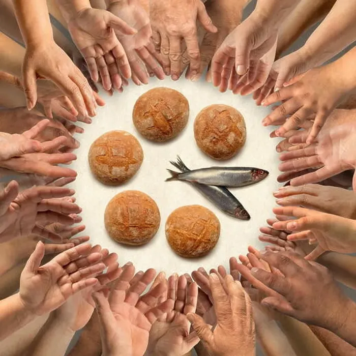 Framed Print : Five small barley loaves and two small fish for many hands Framed Print : Five small barley loaves and two small fish for many hands