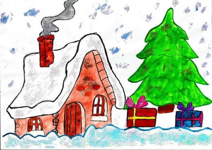 Framed Print : Small brown house, christmas tree, gifts, snowflakes, child drawing Framed Print : Small brown house, christmas tree, gifts, snowflakes, child drawing