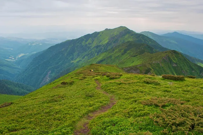 Framed Print : Small figures of travelers descending down a winding path leading to majestic mountain peak Framed Print : Small figures of travelers descending down a winding path leading to majestic mountain peak