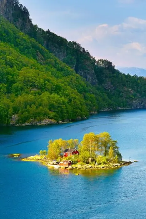 Framed Print : Small Island with a red cottage in Lovrafjord, Norway Framed Print : Small Island with a red cottage in Lovrafjord, Norway