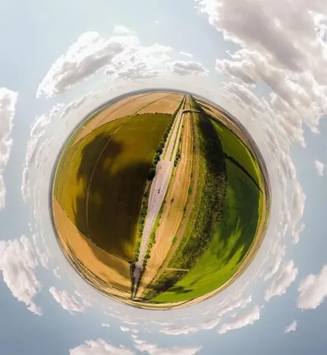 Framed Print : Small planet with a view of a bridge and wheatfields under the blue sky in Moldova Framed Print : Small planet with a view of a bridge and wheatfields under the blue sky in Moldova