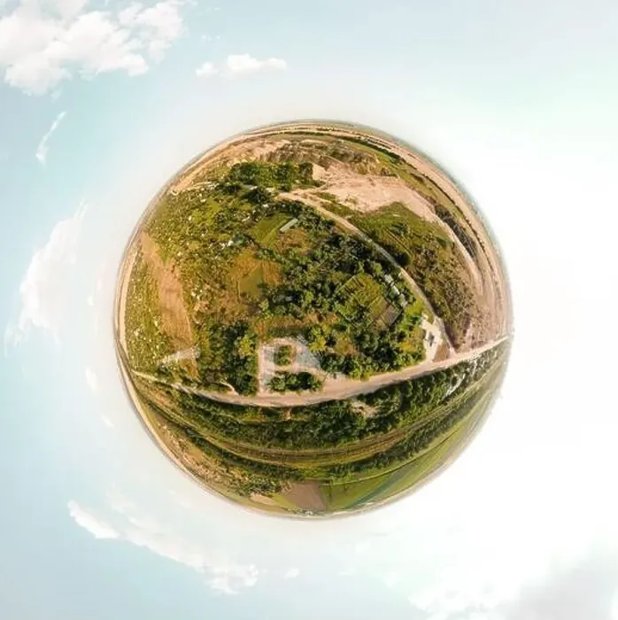 Framed Print : Small planet with a view of a sand quarry and a city under the blue sky in Moldova Framed Print : Small planet with a view of a sand quarry and a city under the blue sky in Moldova