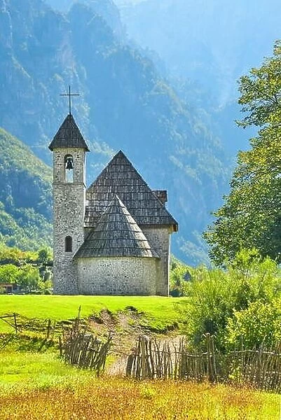 Small Roman Catholic church in Theth Village, Albanian Alps, Albania