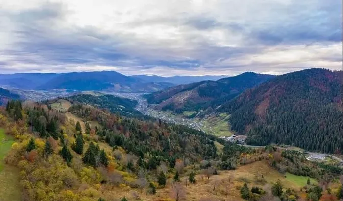 Framed Print : Small village in a mountain valley of the Carpathian Mountains on an autumn day in Ukraine in the village of Dzembronya Framed Print : Small village in a mountain valley of the Carpathian Mountains on an autumn day in Ukraine in the village of Dzembronya