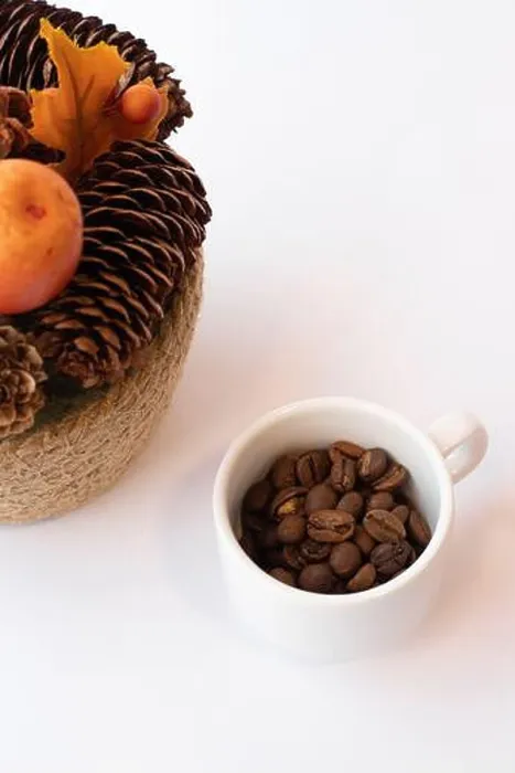 Framed Print : Small white cup of coffee beans next to a fall decoration made of pine cones