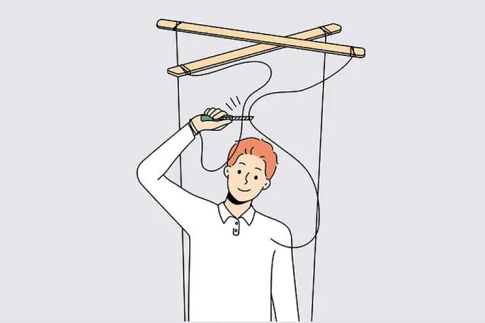 Framed Print : Smiling man with scissors cut ropes free himself from manipulation Framed Print : Smiling man with scissors cut ropes free himself from manipulation
