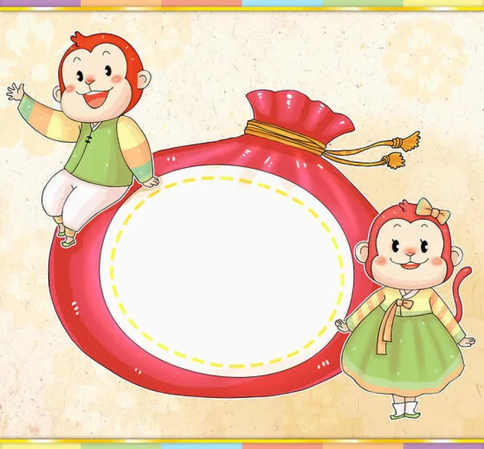 Framed Print : Two smiling monkeys in traditional Korean clothes with a fortune bag Framed Print : Two smiling monkeys in traditional Korean clothes with a fortune bag