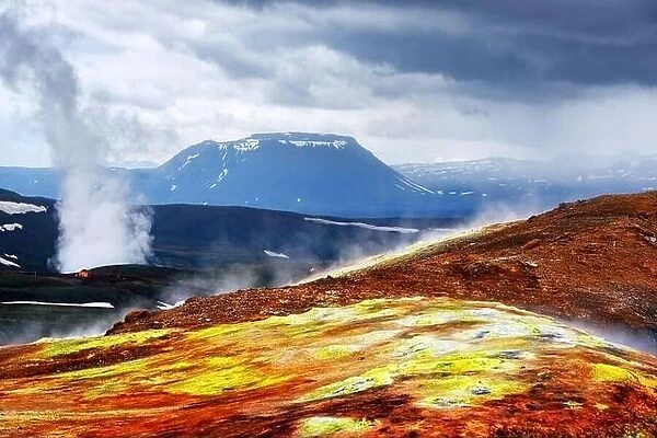 Smoky lavas field in the geothermal valley Leirhnjukur, near Krafla volcano, Iceland, Europe. Landscape photography
