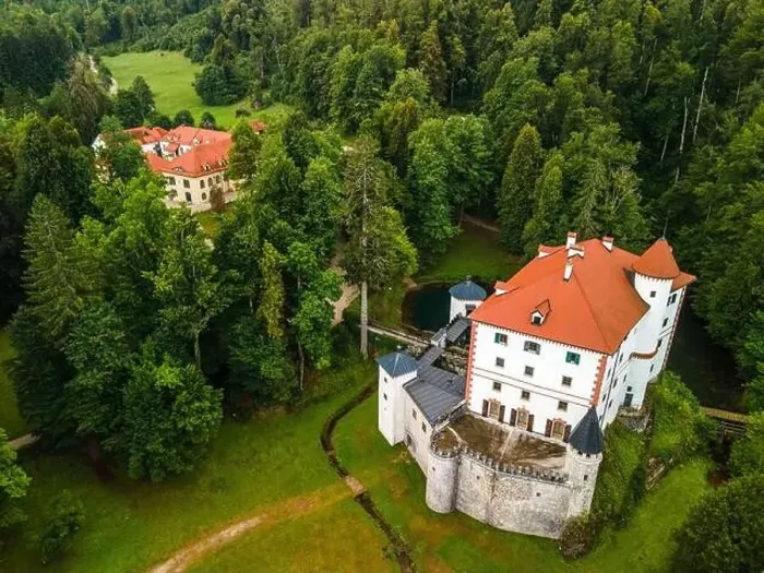 Framed Print : Sneznik Castle in Slovenia, Picturesque Flowing Castle in Park with Pond. Drone Aerial View Framed Print : Sneznik Castle in Slovenia, Picturesque Flowing Castle in Park with Pond. Drone Aerial View