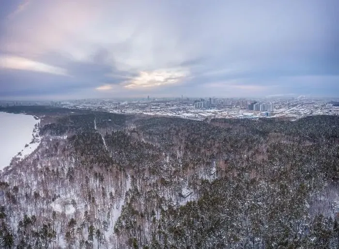 Framed Print : Snow-covered forest on lake shore with ice at sunset and the city on horizon Framed Print : Snow-covered forest on lake shore with ice at sunset and the city on horizon