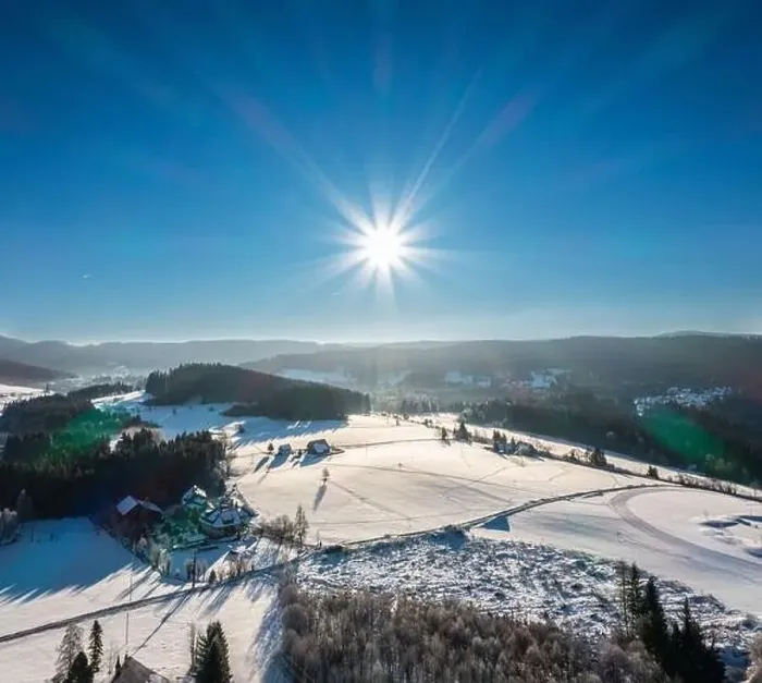 Framed Print : Snow-covered landscape at Christmas time in Hinterzarten in the Upper Black Forest, Germany