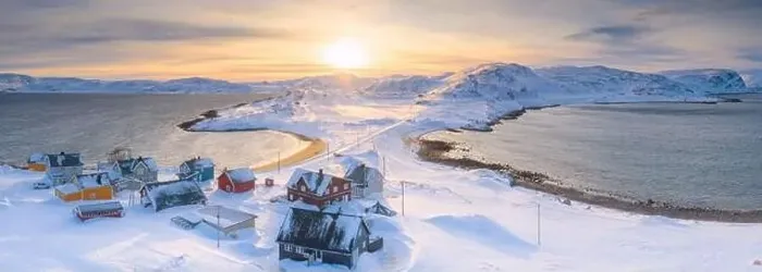 Framed Print : Snowy village of Veines and arctic sea lit by the sunrise, aerial view, Kongsfjord, Varanger Peninsula, Finnmark, Norway Framed Print : Snowy village of Veines and arctic sea lit by the sunrise, aerial view, Kongsfjord, Varanger Peninsula, Finnmark, Norway