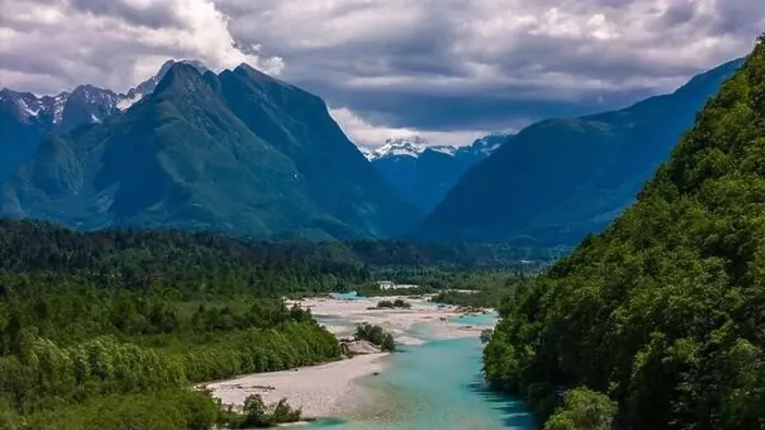 Framed Print : Soca River and Majestic Mountains Near Bovec, Slovenia: Aerial Perspective Framed Print : Soca River and Majestic Mountains Near Bovec, Slovenia: Aerial Perspective