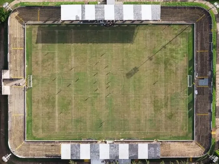 Framed Print : Soccer stadium with players above top drone view Framed Print : Soccer stadium with players above top drone view