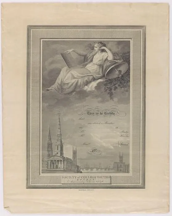Framed Print : Society of College Youths membership certificate, 1800s, England, maker unknown. Gift of Mrs E Richards Framed Print : Society of College Youths membership certificate, 1800s, England, maker unknown. Gift of Mrs E Richards