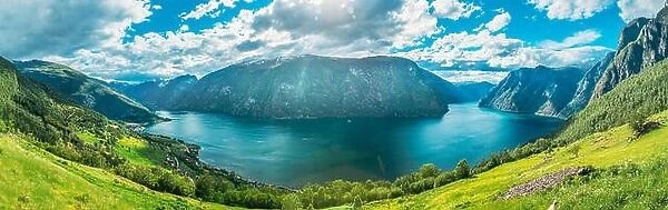 Sogn And Fjordane Fjord, Norway. Panorama Panoramic View Of Amazing Fjord Sogn Og Fjordane. Summer Scenic View Of Famous Natural Attraction Landmark A