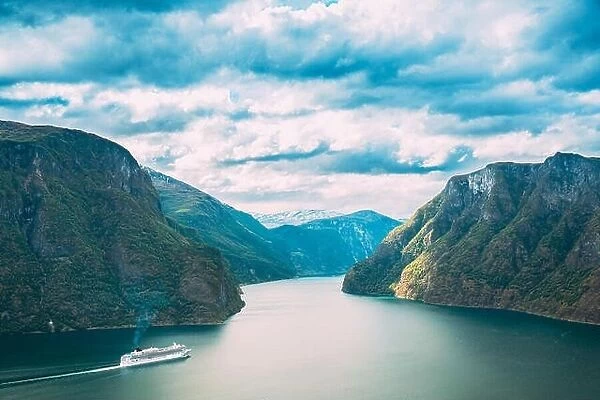 Sogn And Fjordane Fjord, Norway. Tourist Ship Ferry Boat Liner Floating In Amazing Fjord Sogn Og Fjordane. Summer Scenic View Of Famous Natural Attrac