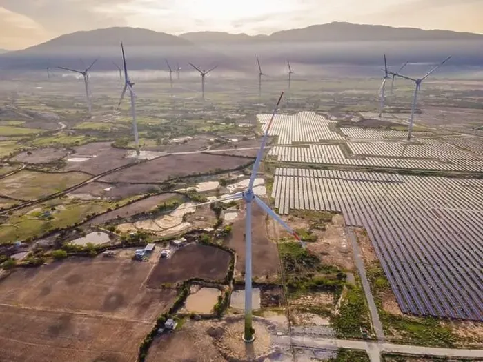 Framed Print : solar energy panels and wind turbine. Drone view Framed Print : solar energy panels and wind turbine. Drone view