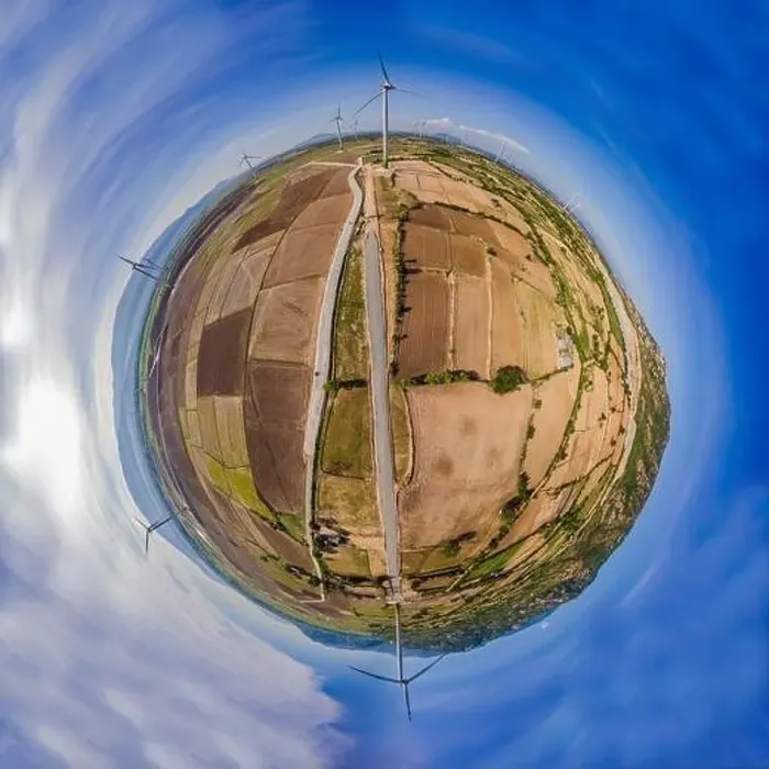 Framed Print : solar energy panels and wind turbine. Drone view Framed Print : solar energy panels and wind turbine. Drone view