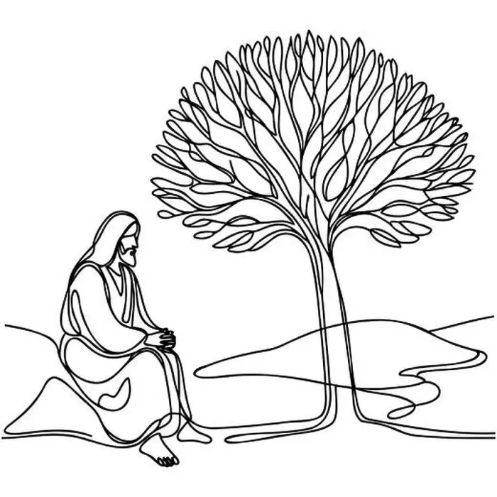 Framed Print : One solid line depicts Jesus Christ sitting under a tree. Isolated outline on a white background. Vector illustration Framed Print : One solid line depicts Jesus Christ sitting under a tree. Isolated outline on a white background. Vector illustration
