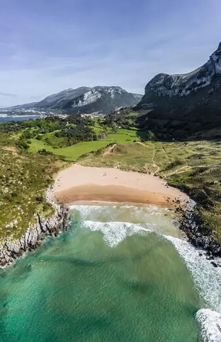 Framed Print : Sonabia beach drone aerial view in Cantabrian sea, Spain Framed Print : Sonabia beach drone aerial view in Cantabrian sea, Spain