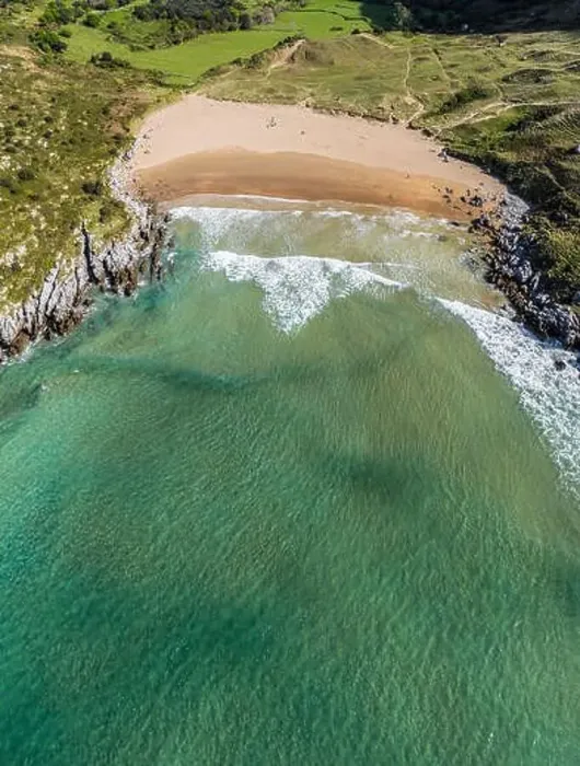 Framed Print : Sonabia beach drone aerial view in Cantabrian sea, Spain Framed Print : Sonabia beach drone aerial view in Cantabrian sea, Spain