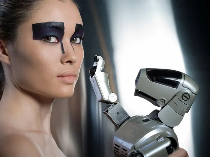 Framed Print : Sony Aibo robotic dog with futuristic female model