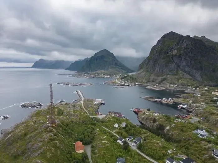 Framed Print : Sorvagen city aerial cloudy view with houses and rocky mountains, Lofoten Norway Framed Print : Sorvagen city aerial cloudy view with houses and rocky mountains, Lofoten Norway