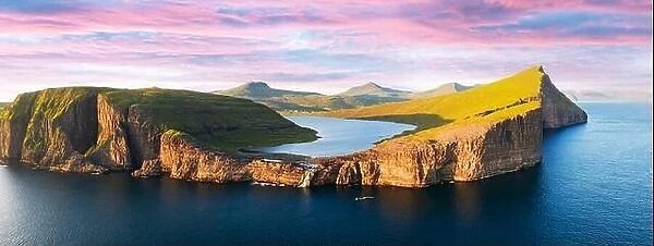 Sorvagsvatn lake on cliffs of Vagar island in sunset, Faroe Islands