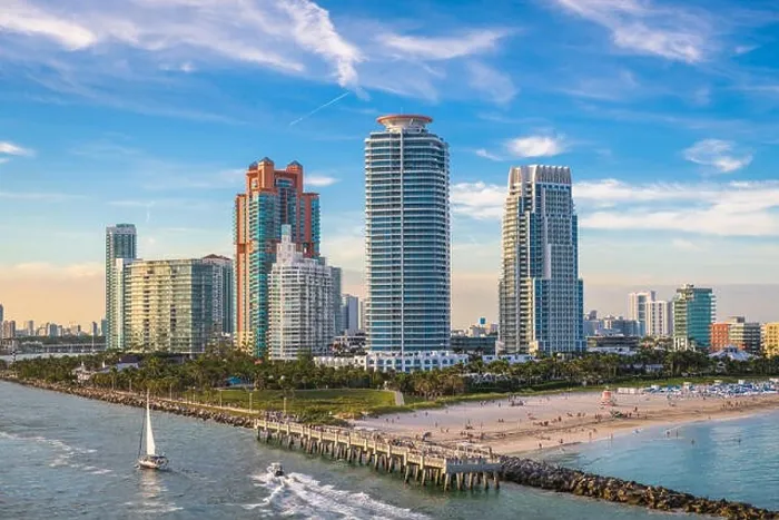 Framed Print : South Beach, Miami, Florida, USA over South Pointe Park