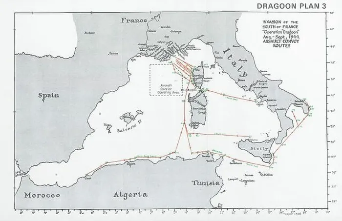 Framed Print : South of France invasion. Operation Dragoon 1944 Assault Convoy Routes 1994 map Framed Print : South of France invasion. Operation Dragoon 1944 Assault Convoy Routes 1994 map