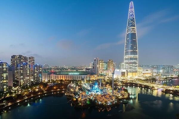 South Korea skyline of Seoul at night, The best view of South Korea with Lotte world mall at Jamsil in Seoul