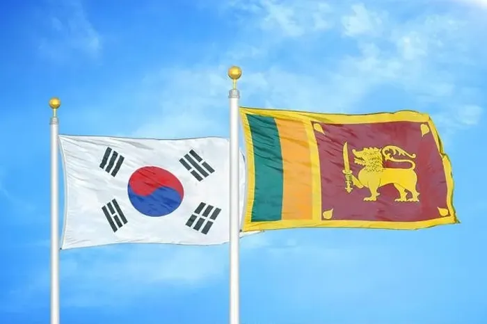 Framed Print : South Korea and Sri Lanka two flags on flagpoles and blue cloudy sky Framed Print : South Korea and Sri Lanka two flags on flagpoles and blue cloudy sky