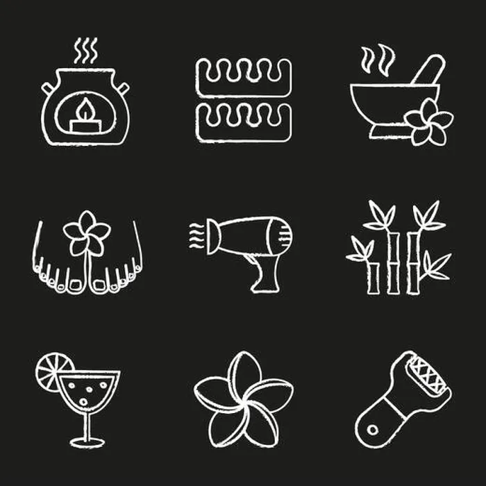 Framed Print : Spa salon chalk icons set. Aromatherapy candle