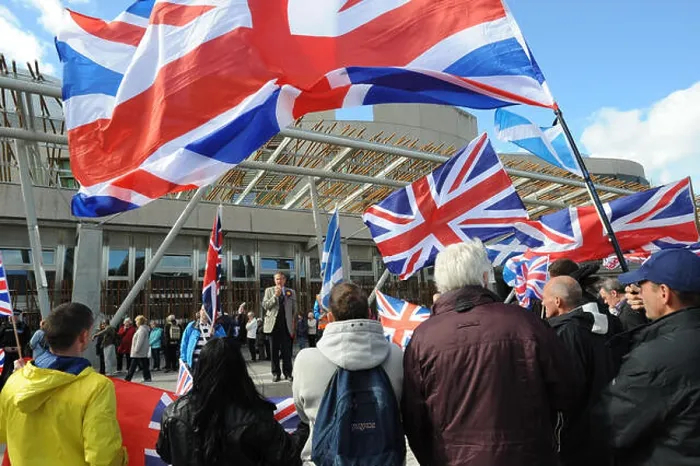 Framed Print : A speaker addresses Commonwealth Unionist Party protesters demonstrating outside the Scottish Parliament Framed Print : A speaker addresses Commonwealth Unionist Party protesters demonstrating outside the Scottish Parliament