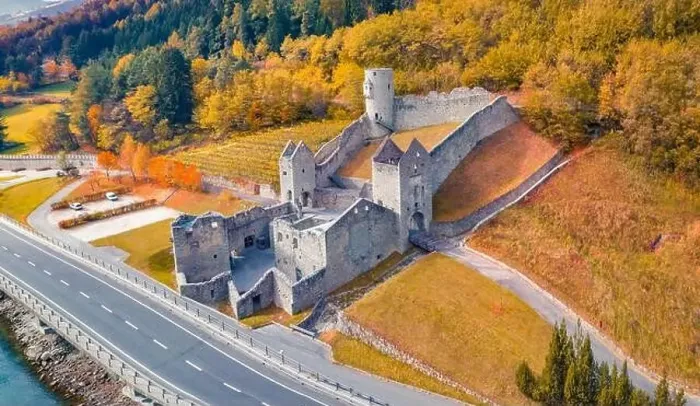 Framed Print : Spectacular autumn view from flying drone of Muhlbacher Klause castel Framed Print : Spectacular autumn view from flying drone of Muhlbacher Klause castel
