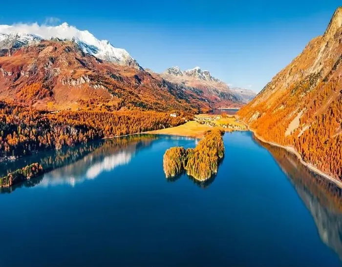 Framed Print : Spectacular evening view from flying drone of Sils lake Framed Print : Spectacular evening view from flying drone of Sils lake