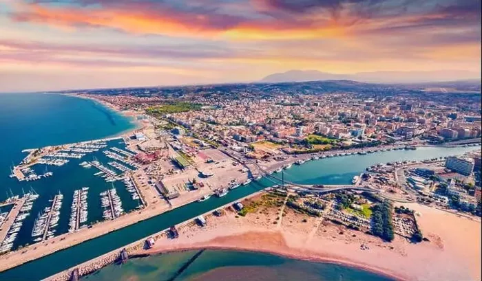 Framed Print : Spectacular summer view from flying drone Pescara port Framed Print : Spectacular summer view from flying drone Pescara port