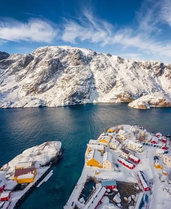 Framed Print : Spectacular view from flying drone of Nusfjord town Framed Print : Spectacular view from flying drone of Nusfjord town