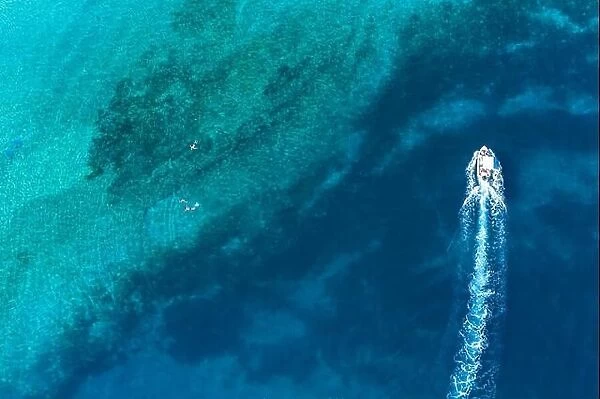 Speed boat near father and son snorkels through tropical, turquoise waters, aerial view