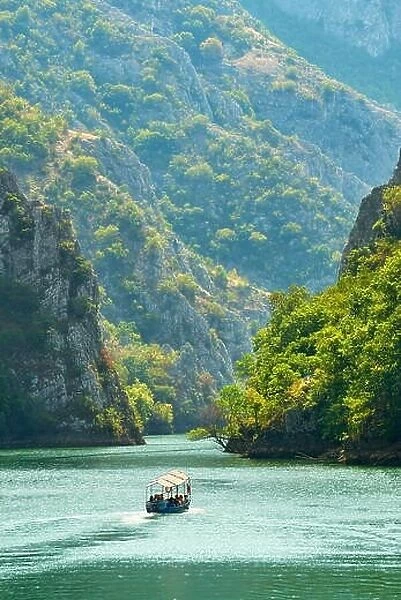 Speed motor boat on the lake, Matka Canyon, Macedonia