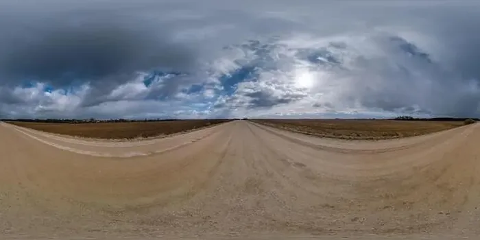Framed Print : spherical 360 hdri panorama on gravel road with clouds on overcast sky in equirectangular seamless projection Framed Print : spherical 360 hdri panorama on gravel road with clouds on overcast sky in equirectangular seamless projection