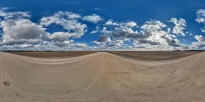 Framed Print : spherical 360 hdri panorama on gravel road with clouds and sun on blue sky in equirectangular seamless projection Framed Print : spherical 360 hdri panorama on gravel road with clouds and sun on blue sky in equirectangular seamless projection